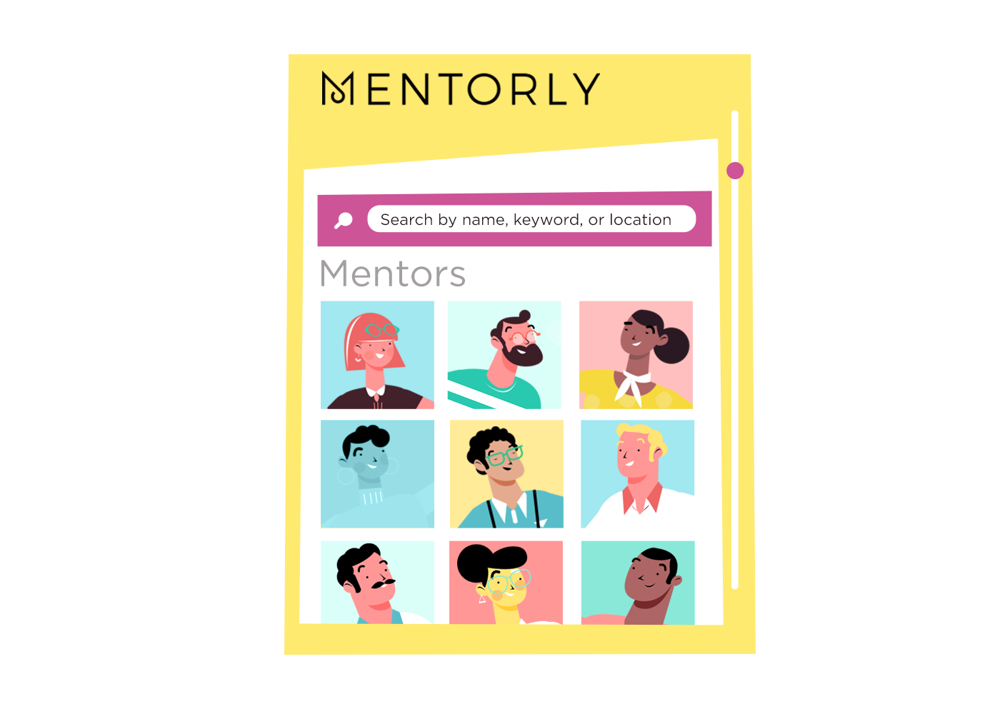 Mentorly mentor matching - diverse illustrated avatars representing mentors in Mentorly's AI-powered mentorship platform