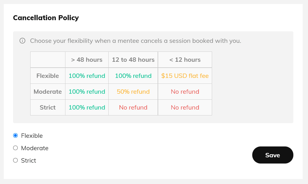 Add availability, pricing and cancellation policy: Choose between flexible, moderate and strict policies for when a mentee