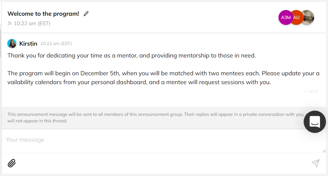 Announcements: Choose between a new conversation or new announcement, compose your message and hit enter to send