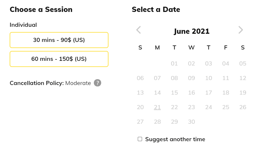 Browsing and Booking with Mentors: This is where you will see the mentor's session rates and their cancellation policy