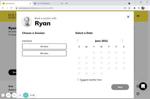 Browsing and Booking with Mentors: The booking message should include why you want to meet with the mentor and mention the