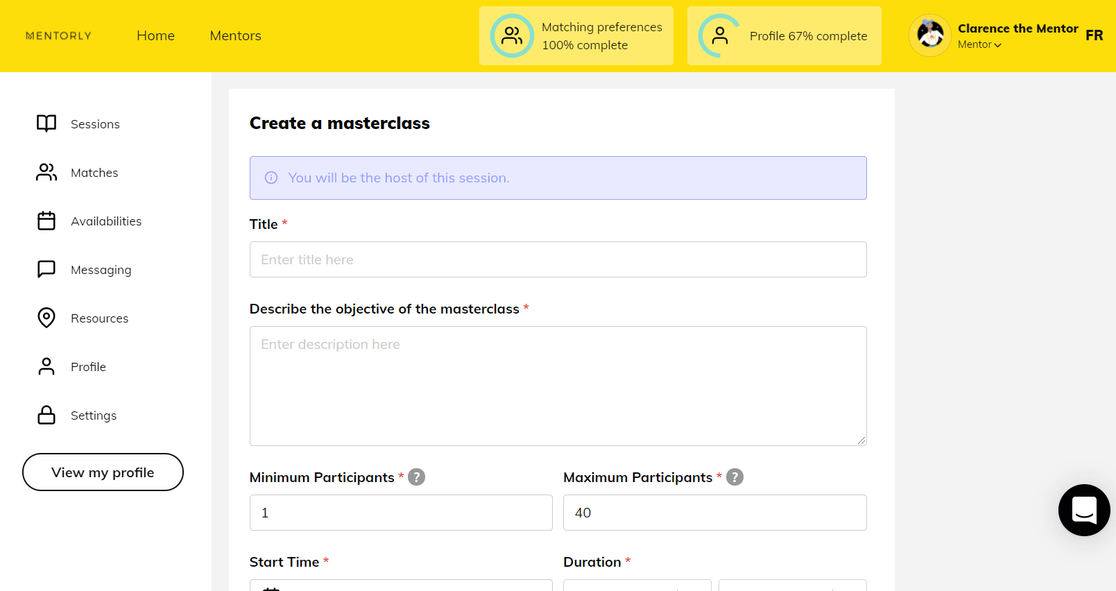 Creating a Masterclass session: All required fields will be noted with an \ asterisk