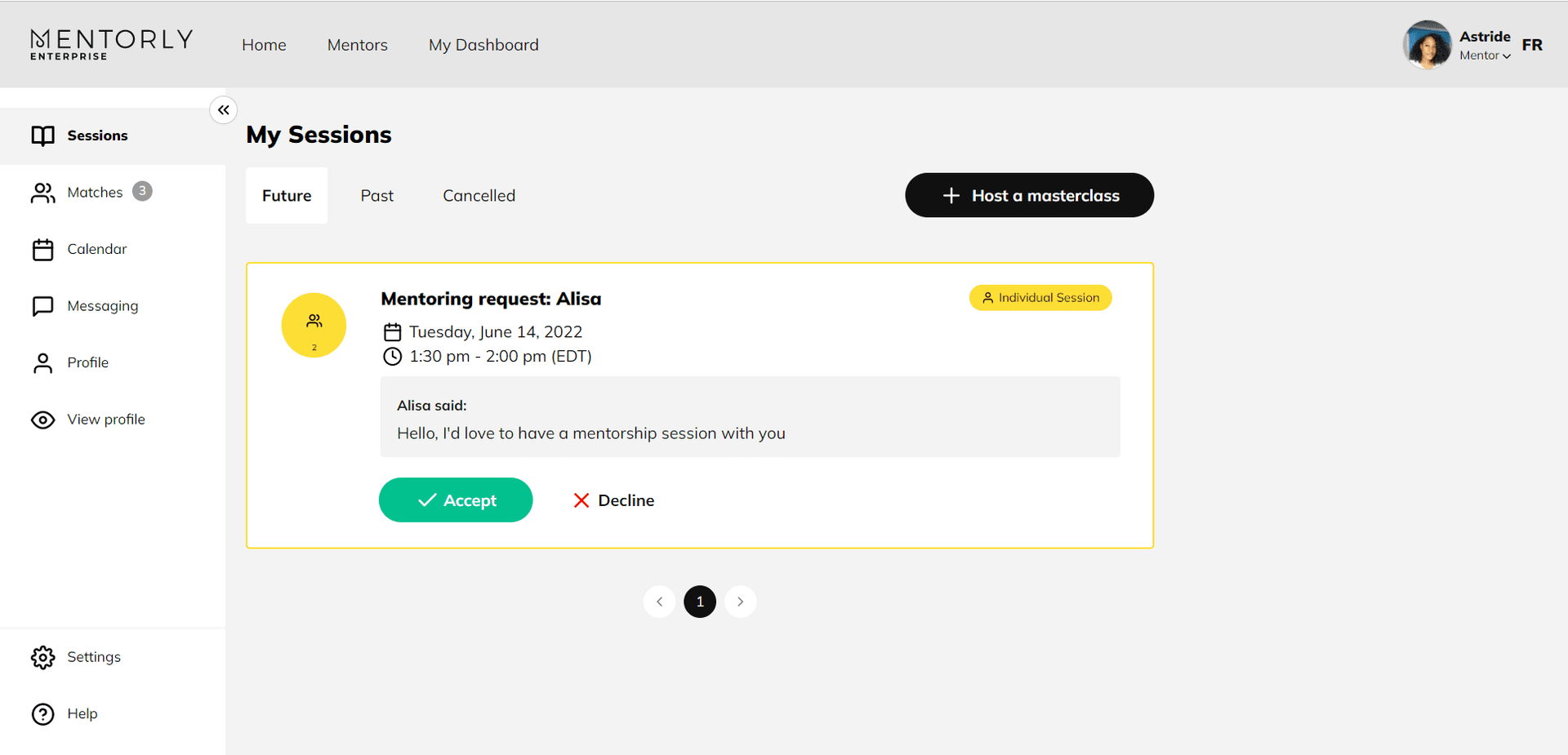 FAQ Personal Dashboard: To accept a booking, head over to your sessions tab, and click on Accept or Decline