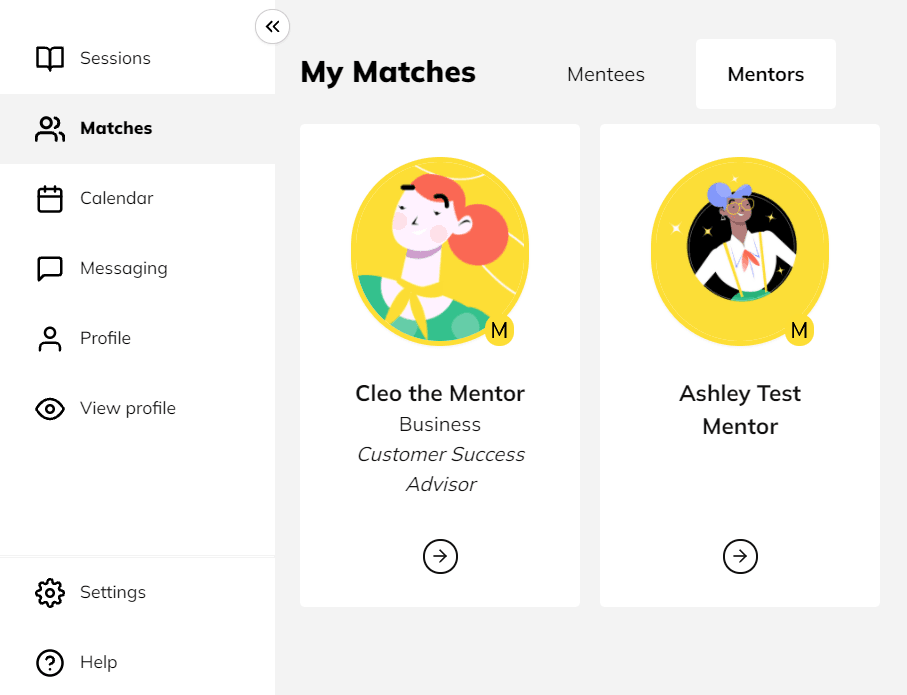 Finding a mentor and booking a session: From here, you can view their profile by clicking on the match