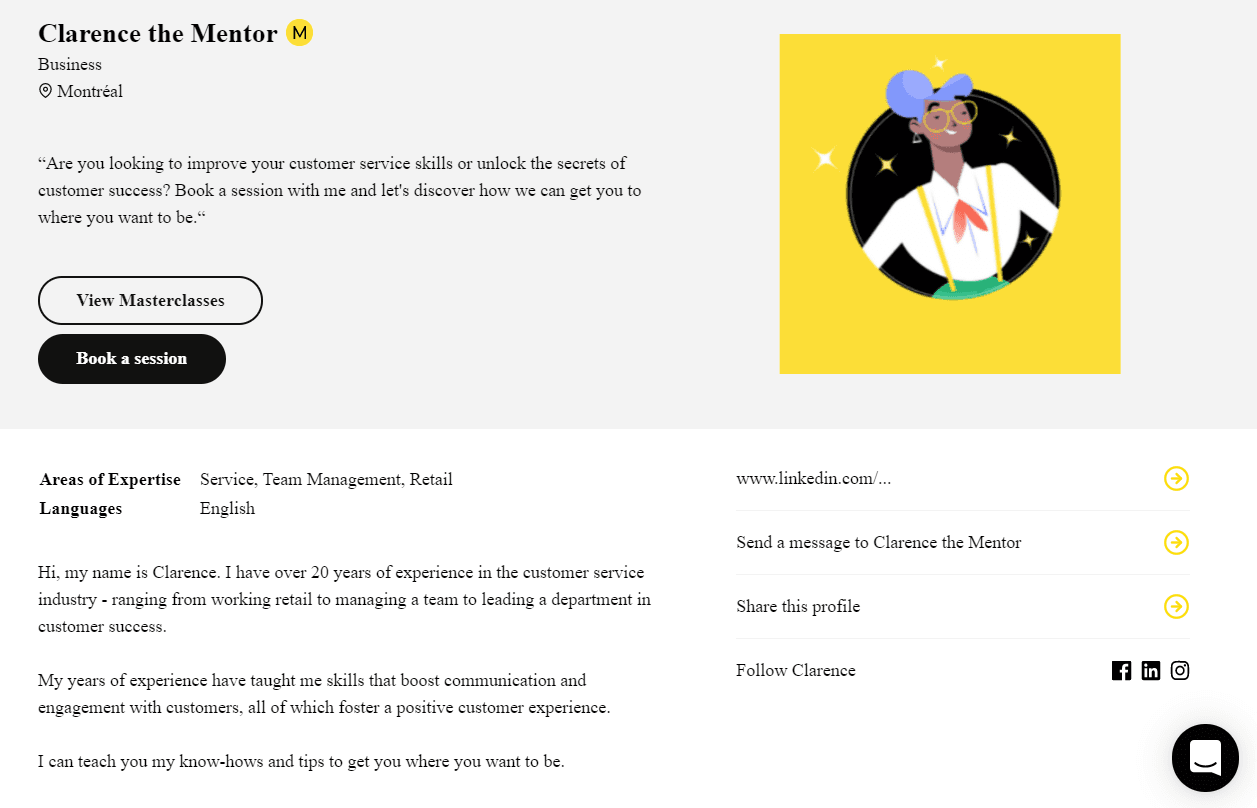 Finding a mentor and booking a session: On their profile, you'll get to learn more about them including their areas of