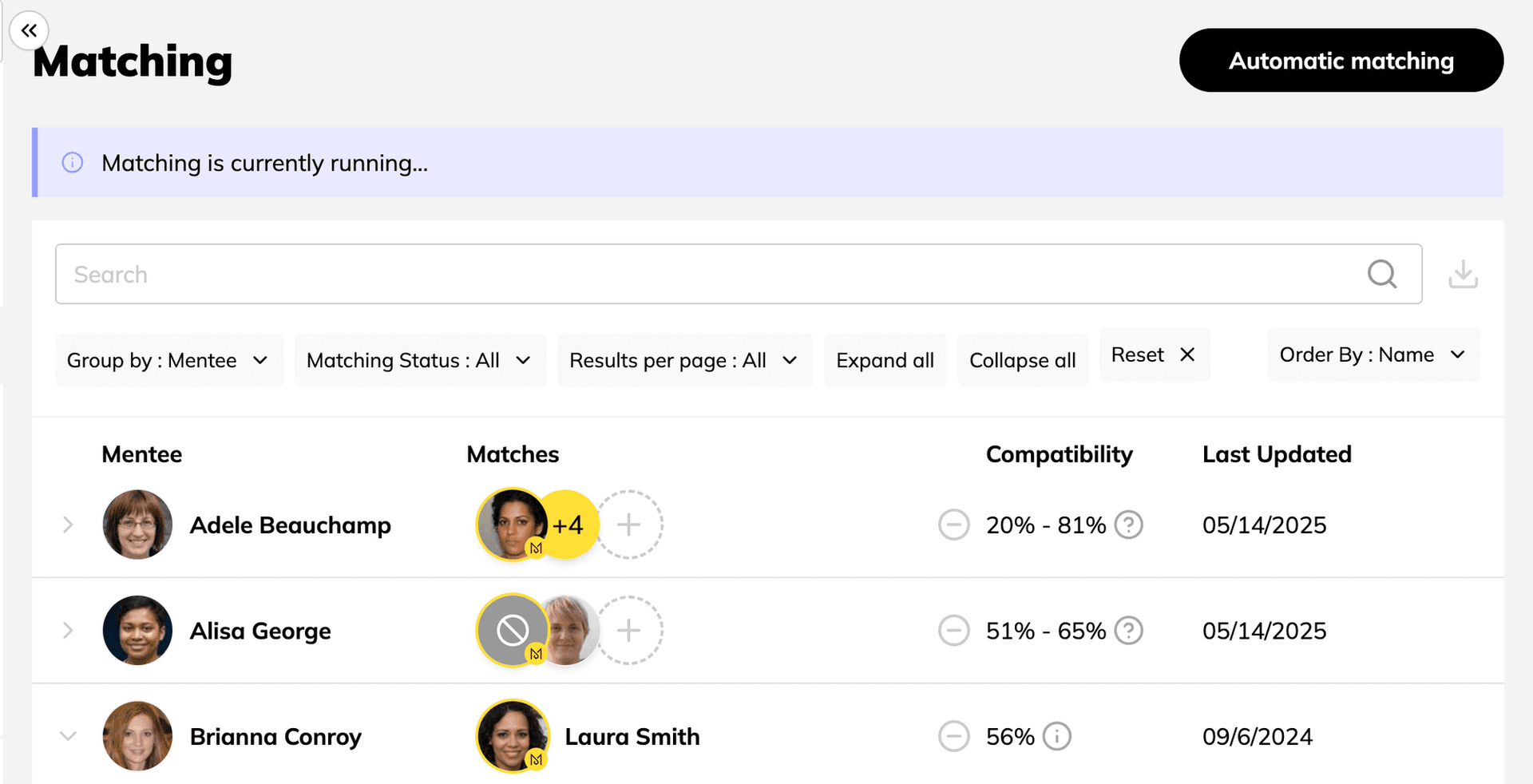 Get to know the platform: The Matching tab allows you to create, modify or delete matches for members in your program