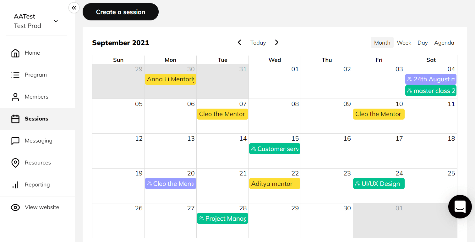 Get to know the platform: The Sessions tab will give you a monthly, weekly or daily overview of sessions being held within
