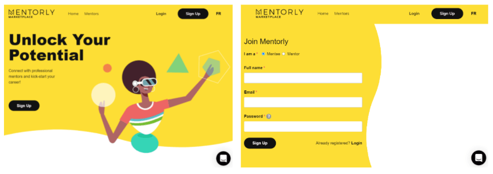Getting started as a Mentee with Mentorly: Head to https://marketplace.mentorly.co/en and click on the 'Sign up' button from