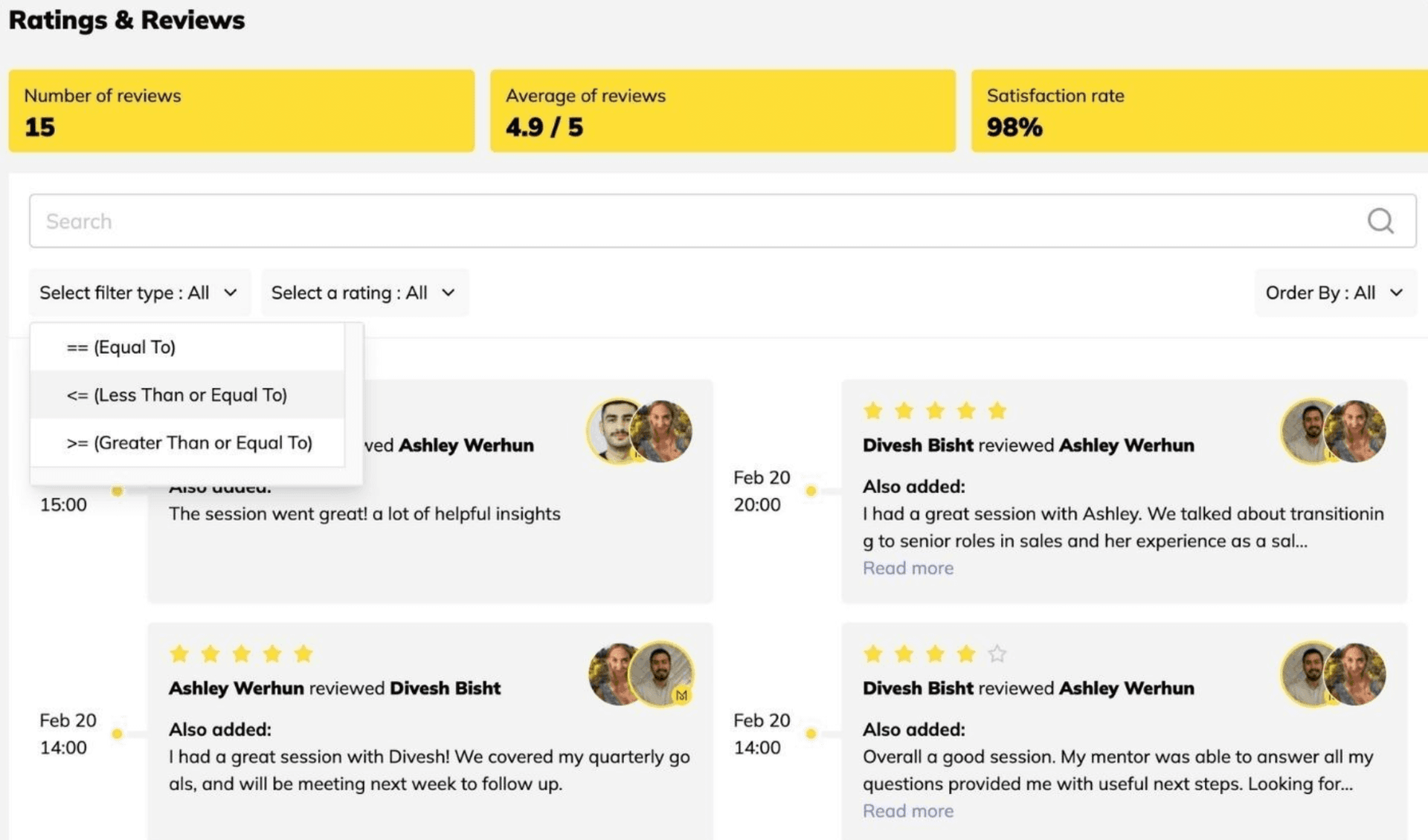 Managing your program: You can also filter reviews by rating, user name/email, or content, and sort them by date or name