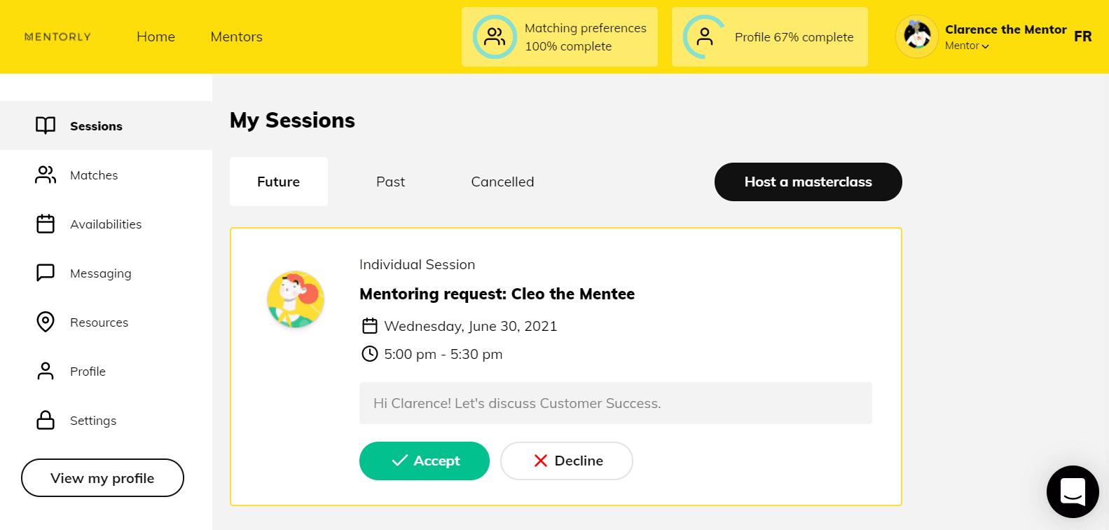 Session requests and viewing your mentee's profile: From here, you will be able to view all requested and confirmed sessions
