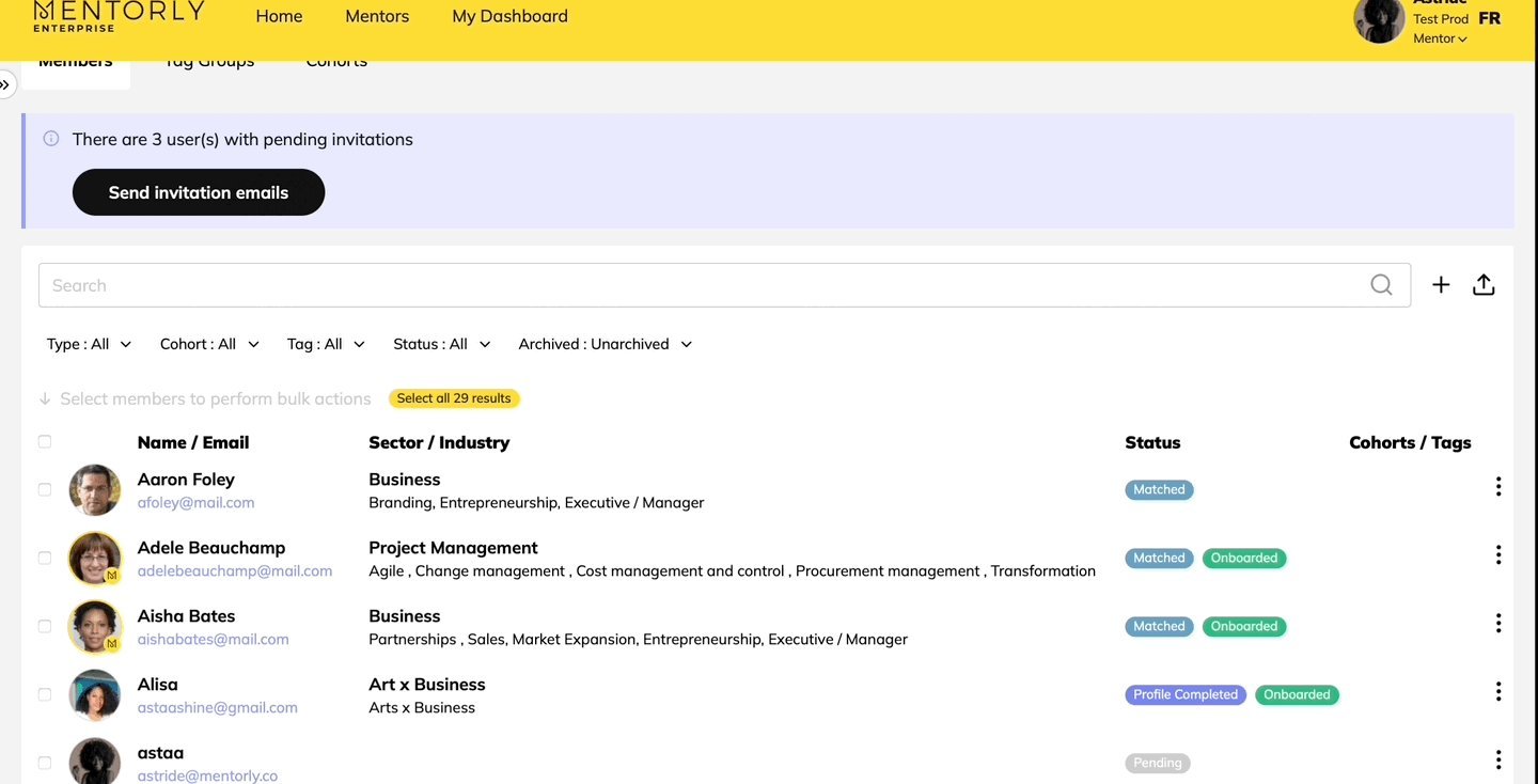 The best ways to save you time: OR from the Members tab, you're able to sort and combine filters by each mentor/mentee