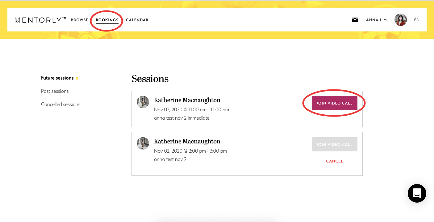 Where to Join Your Video Call Session: You can view session history and join upcoming sessions on your Bookings page