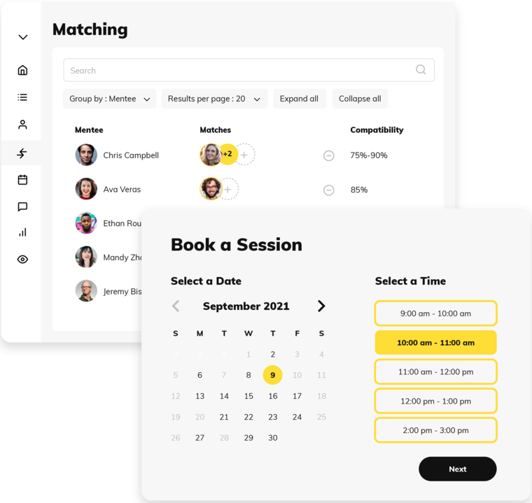 Mentorly mentor matching software screenshot showing mentee and mentor pairing options